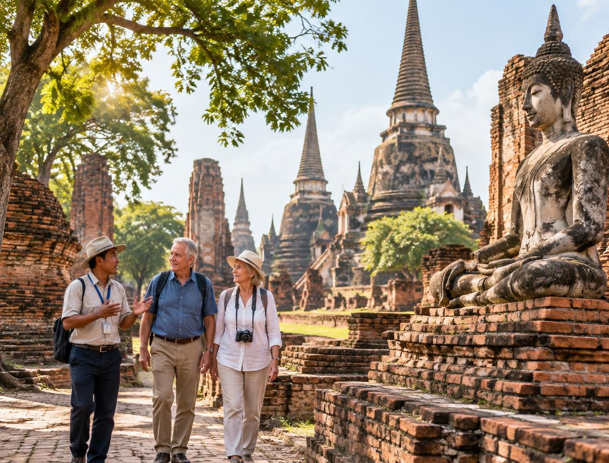 Travelers learning about historic temples in Ayutthaya