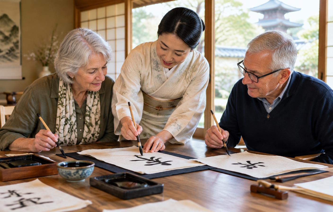 A Japanese calligraphy teacher guiding older learners with ink and brushes