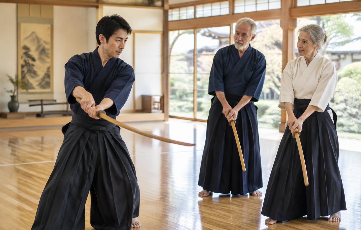 A Japanese kembu practitioner guiding older learners through a wooden-sword movement