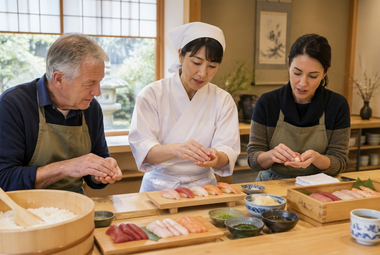Travelers of different ages learning sushi making with a Japanese cooking teacher
