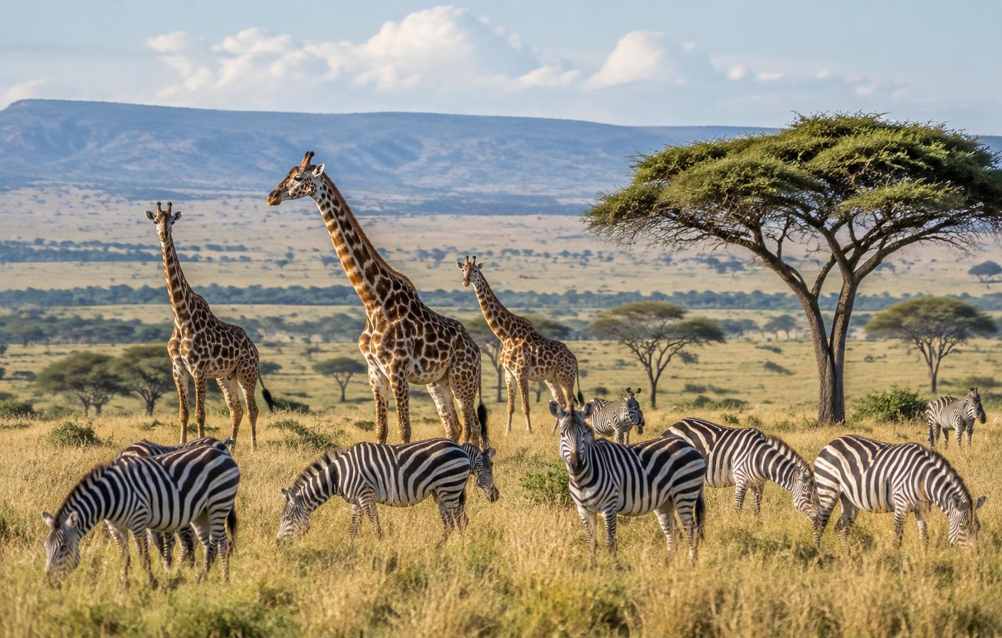 Giraffes and zebras grazing on the Maasai Mara grasslands