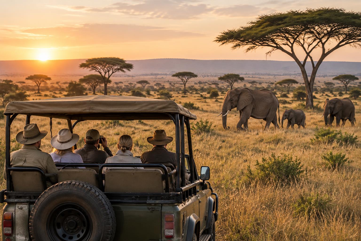 Small safari group watching elephants on the Maasai Mara grasslands