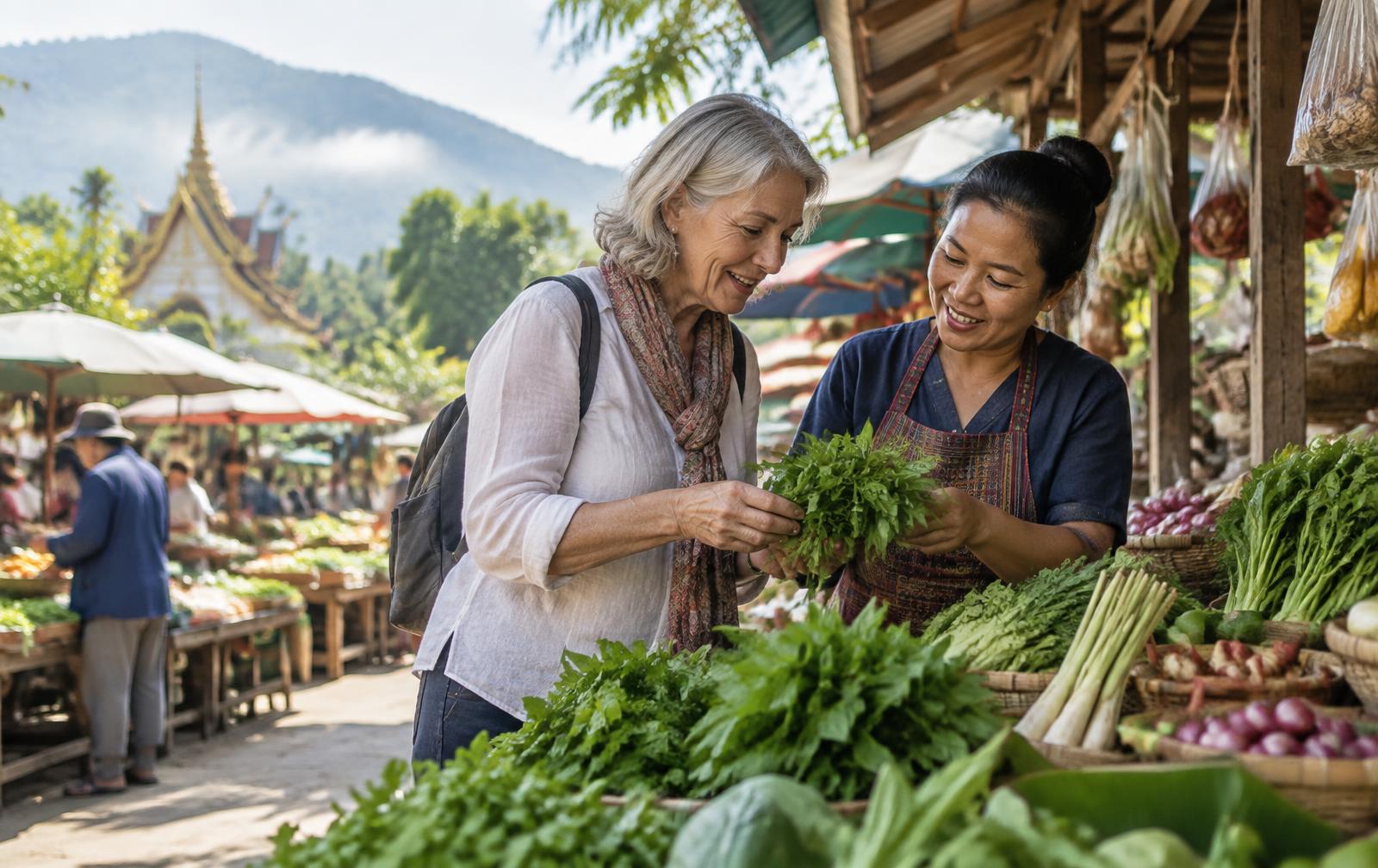Travelers choosing herbs with a cook at a Thai market