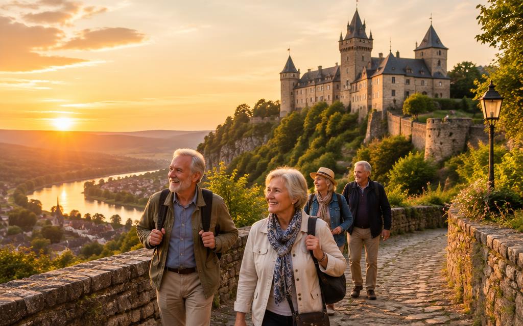 Travelers walking near a European castle